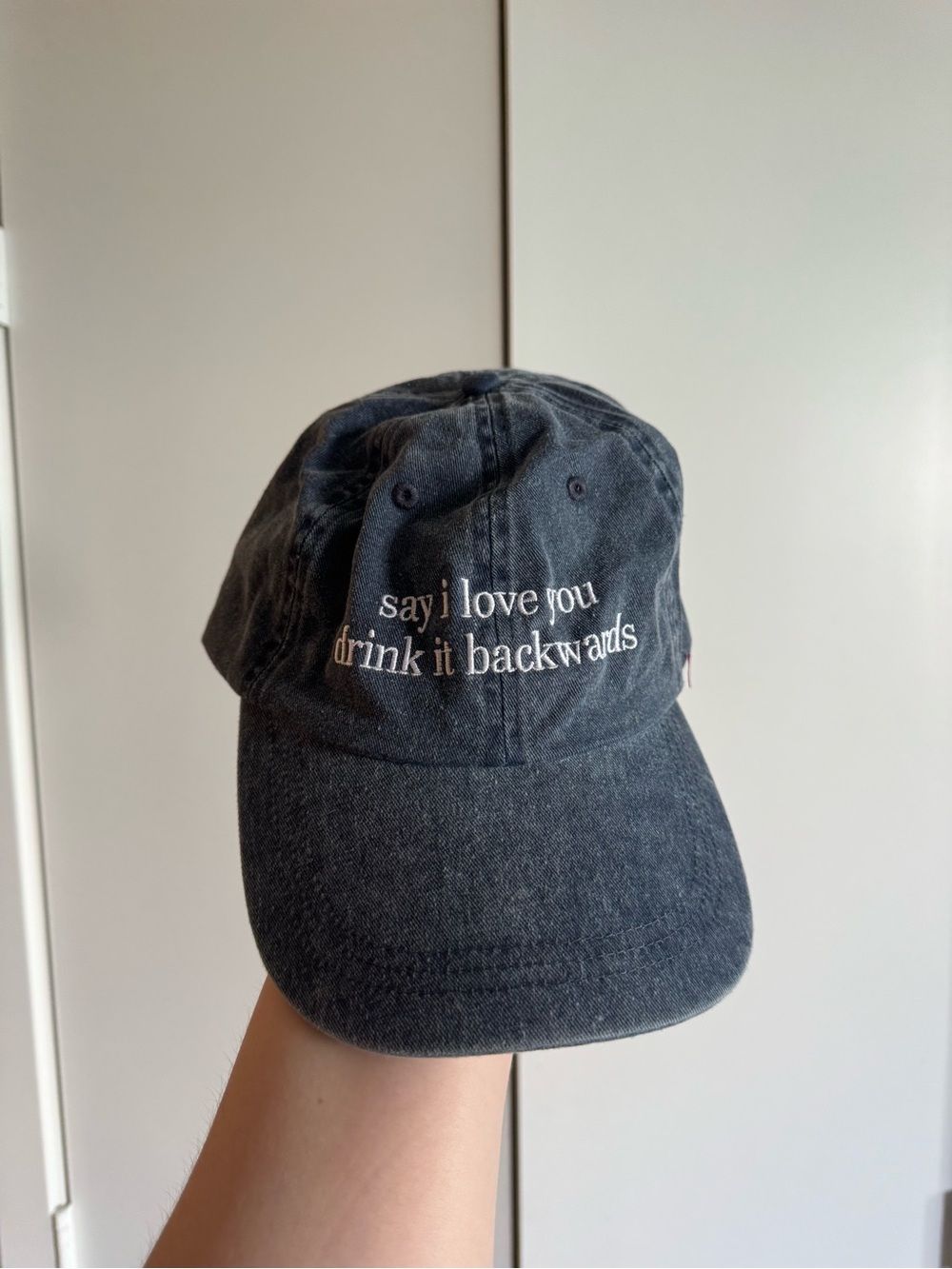 Embroidered Lizzy McAlpine Baseball Cap - 'say i love you drink it backwards'